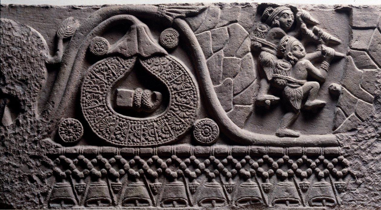 Byggande av en grotta (relief på Baruth-stupan) av Indian School