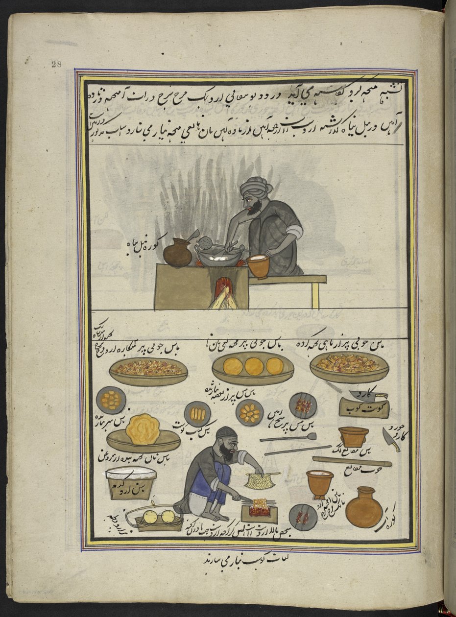 lagad mat och kawabtillverkare,  86 teckningar inbundna i en volym som visar yrken och yrken i Kashmir, hantverkare visas i arbete med sina redskap och utrustning,  Av en Kashmir-konstnär, troligen i Srinagar, ca 1850-60 (gouache på papper) av Indian School