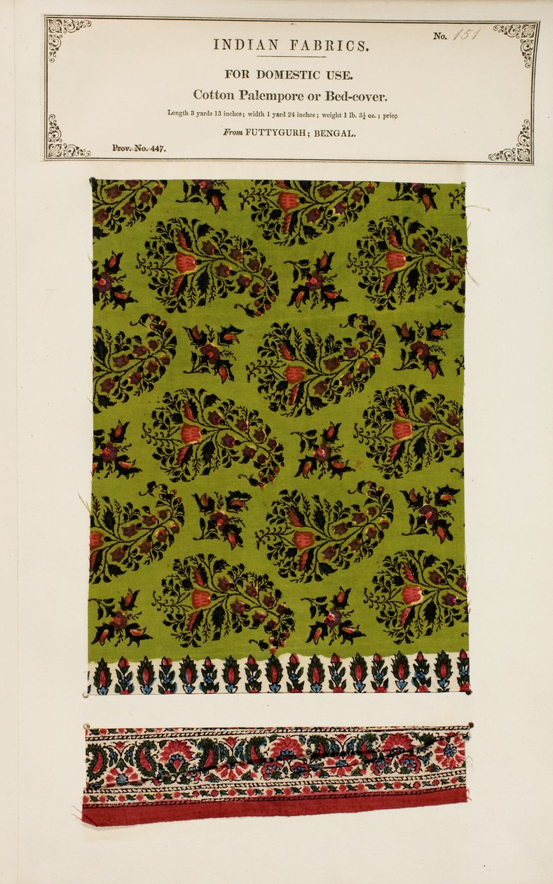 Bomullspalempore eller sängöverdragsprov från Futtygurgh i Bengal, från The Collection of the Textile Manufacturers of India, av John Forbes Watson, publicerad 1866 av Indian School