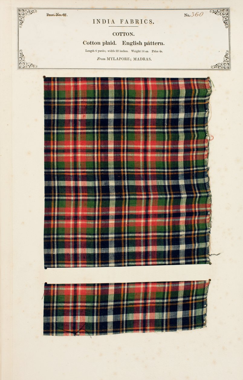 Bomullsplädprov från Mylapore i Madras, från The Collection of the Textile Manufacturers of India, av John Forbes Watson, publicerad 1866 av Indian School