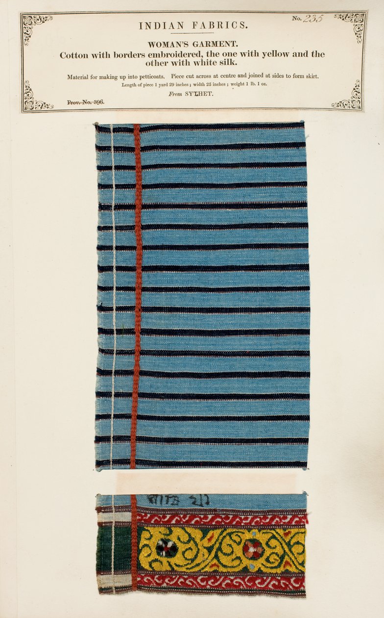 Bomullsprov broderat med vitt och gult siden från Sylhet, från The Collection of the Textile Manufacturers of India, av John Forbes Watson, publicerad 1866 av Indian School
