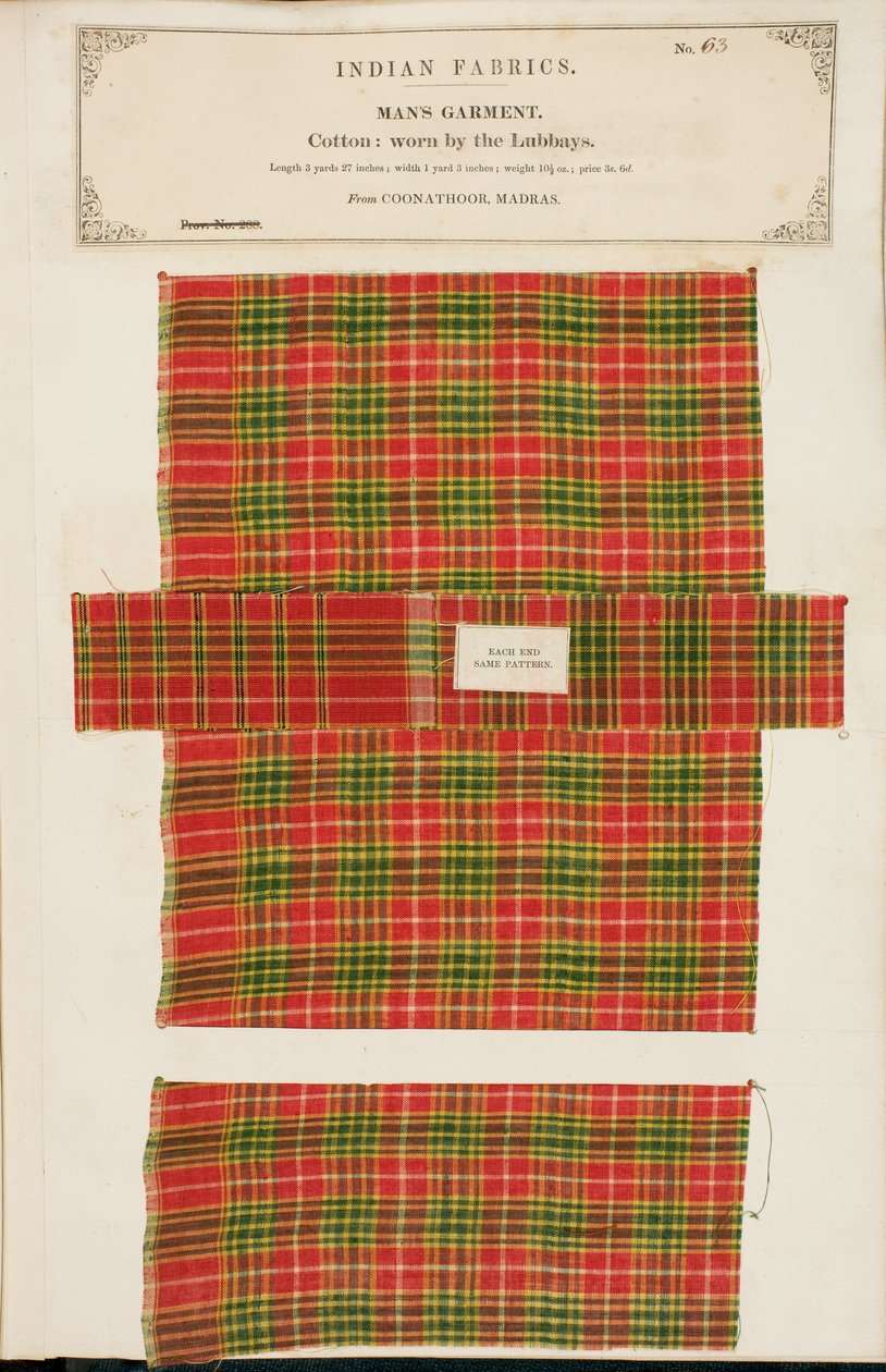 Bomullsprov från Coonathoor i Madras, från The Collection of the Textile Manufacturers of India, av John Forbes Watson, publicerad 1866 av Indian School