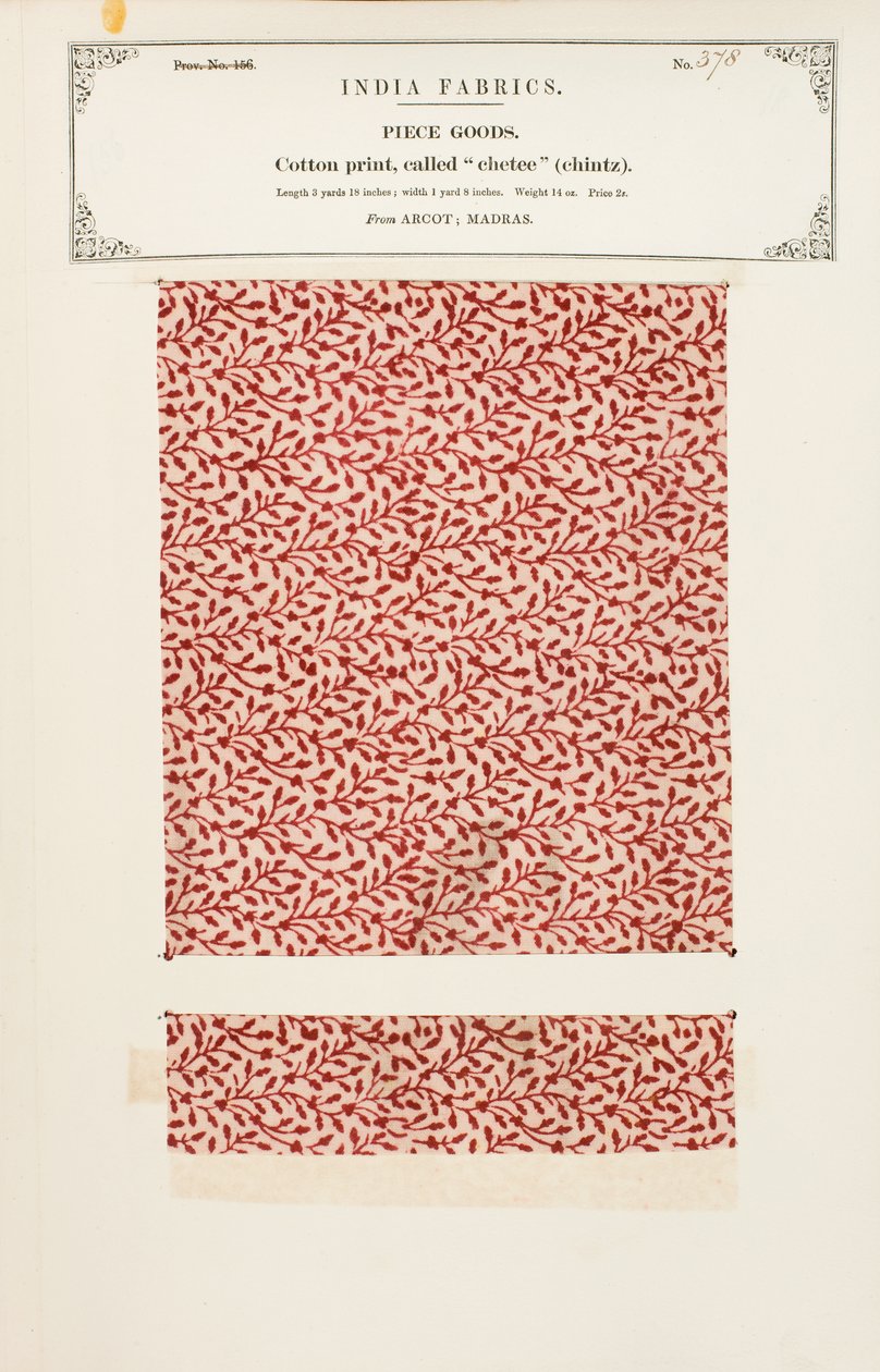 Bomullsprov med chetee (chintz) tryck från Arcot i Madras, från The Collection of the Textile Manufacturers of India, av John Forbes Watson, publicerad 1866 av Indian School