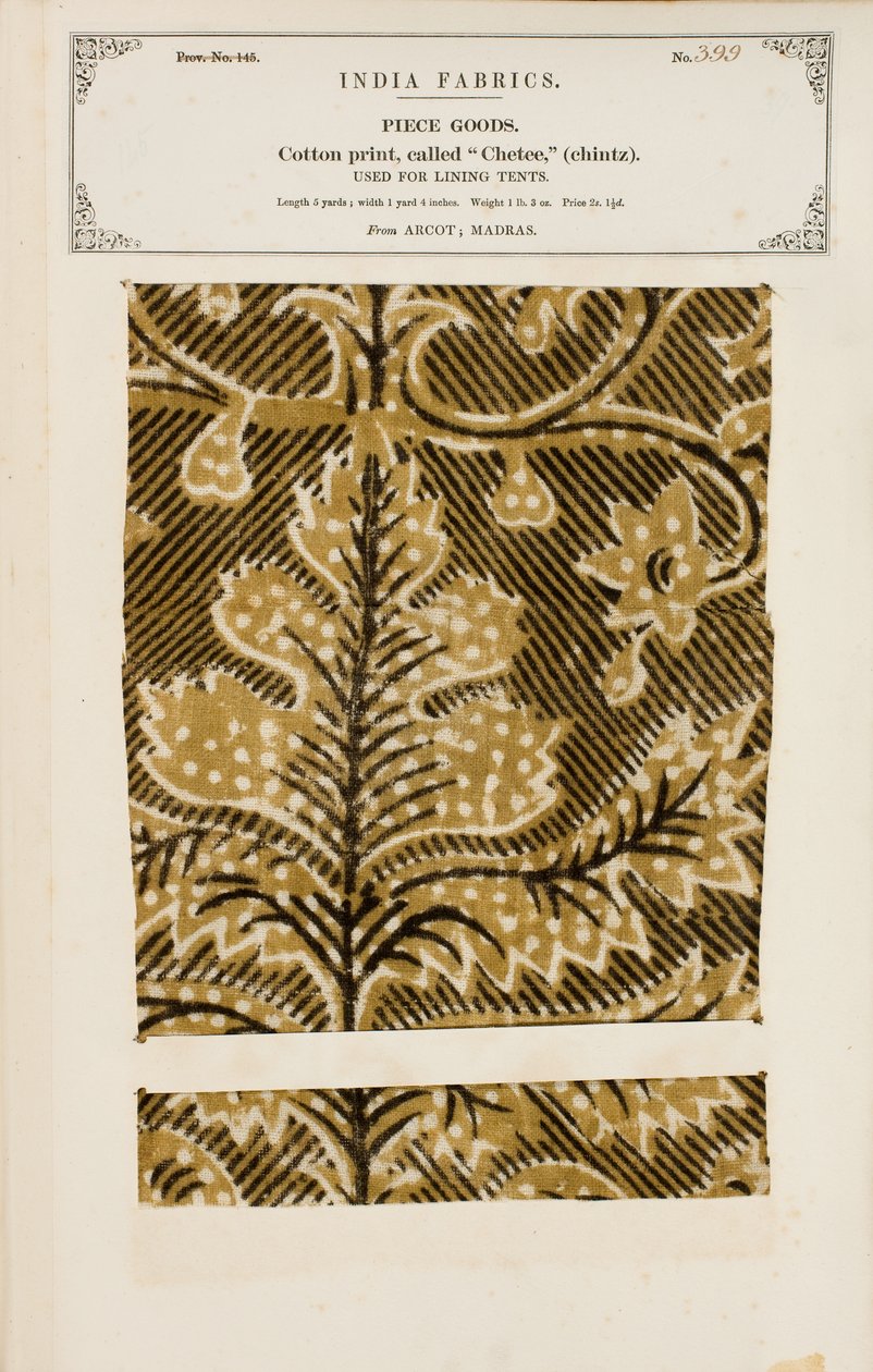 Bomullsprov med chetee (chintz) tryck från Arcot i Madras, från The Collection of the Textile Manufacturers of India, av John Forbes Watson, publicerad 1866 av Indian School