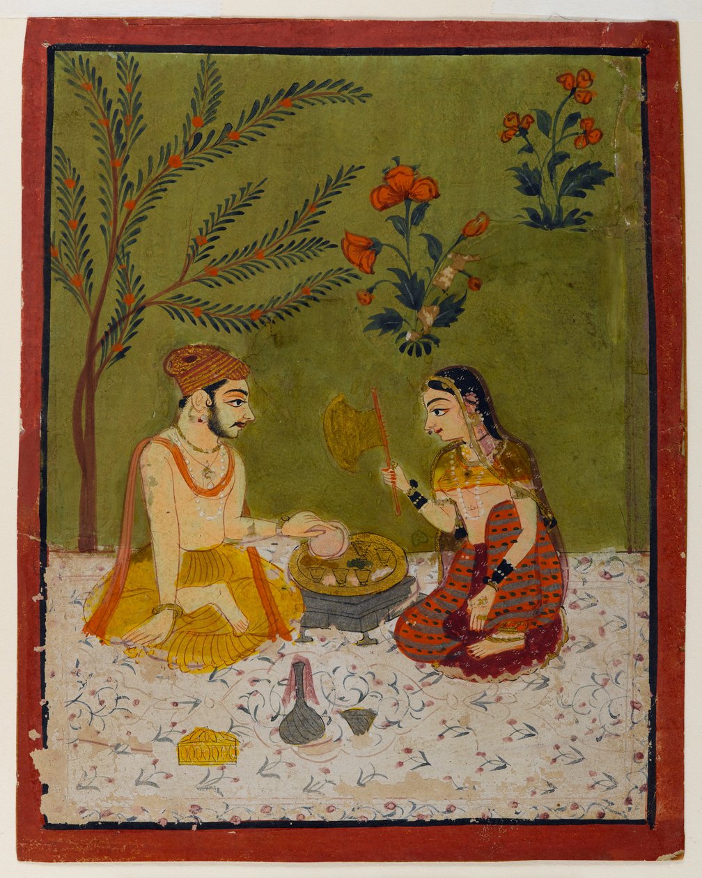 Par sittande under ett träd, ca 1700 (wc & guld på papper) av Indian School