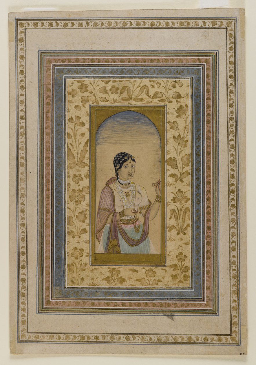 Courtesan in a Window, 1700-tal (tvättar av wc, guld och bläck på papper) av Indian School