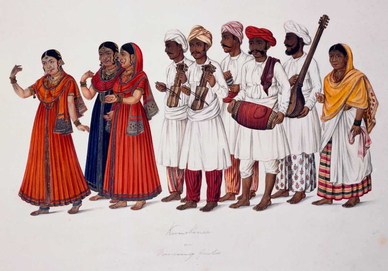 Dansande flickor och musiker, ca 1828 (färg litho) av Indian School