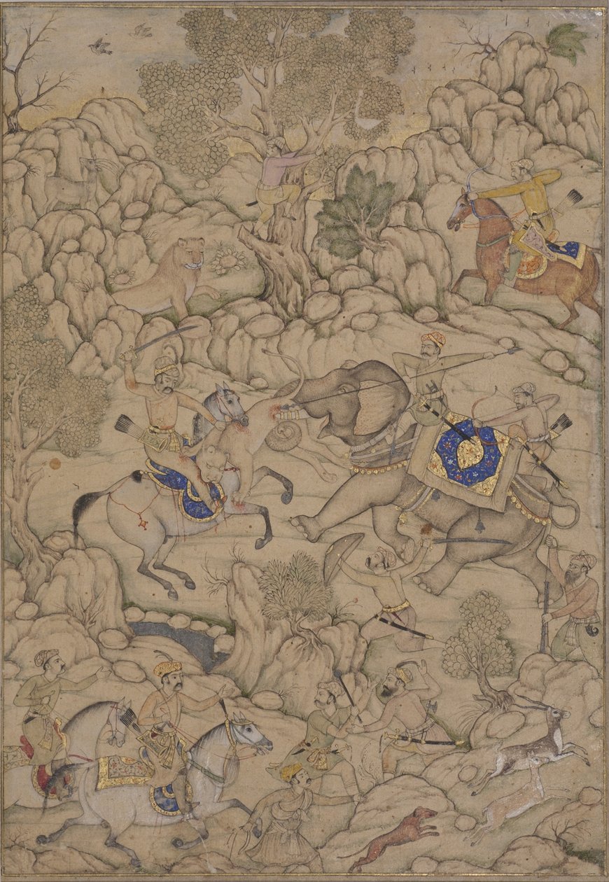 Fara i en lejonjakt, ca 1600 (ogenomskinlig wc på papper) av Indian School