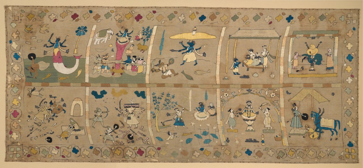 Das Avatars (Tio Avatars of Vishnu) (silke och metalltrådar broderade på bomullsväv) av Indian School