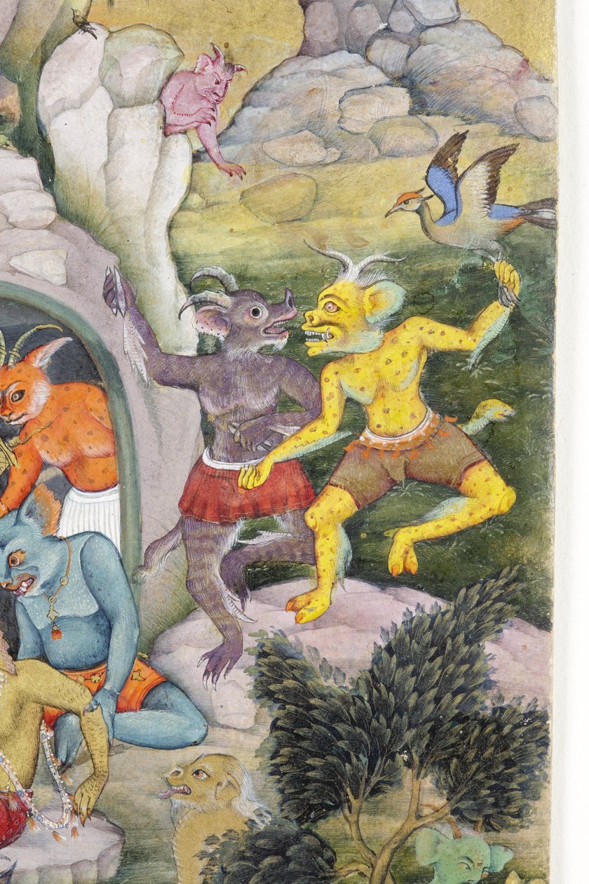 Demons in a Wild Landscape, ca 1600 (ogenomskinlig wc & guld på papper) av Indian School