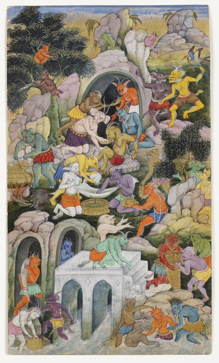 Demons in a Wild Landscape, ca 1600 (ogenomskinlig wc & guld på papper) av Indian School