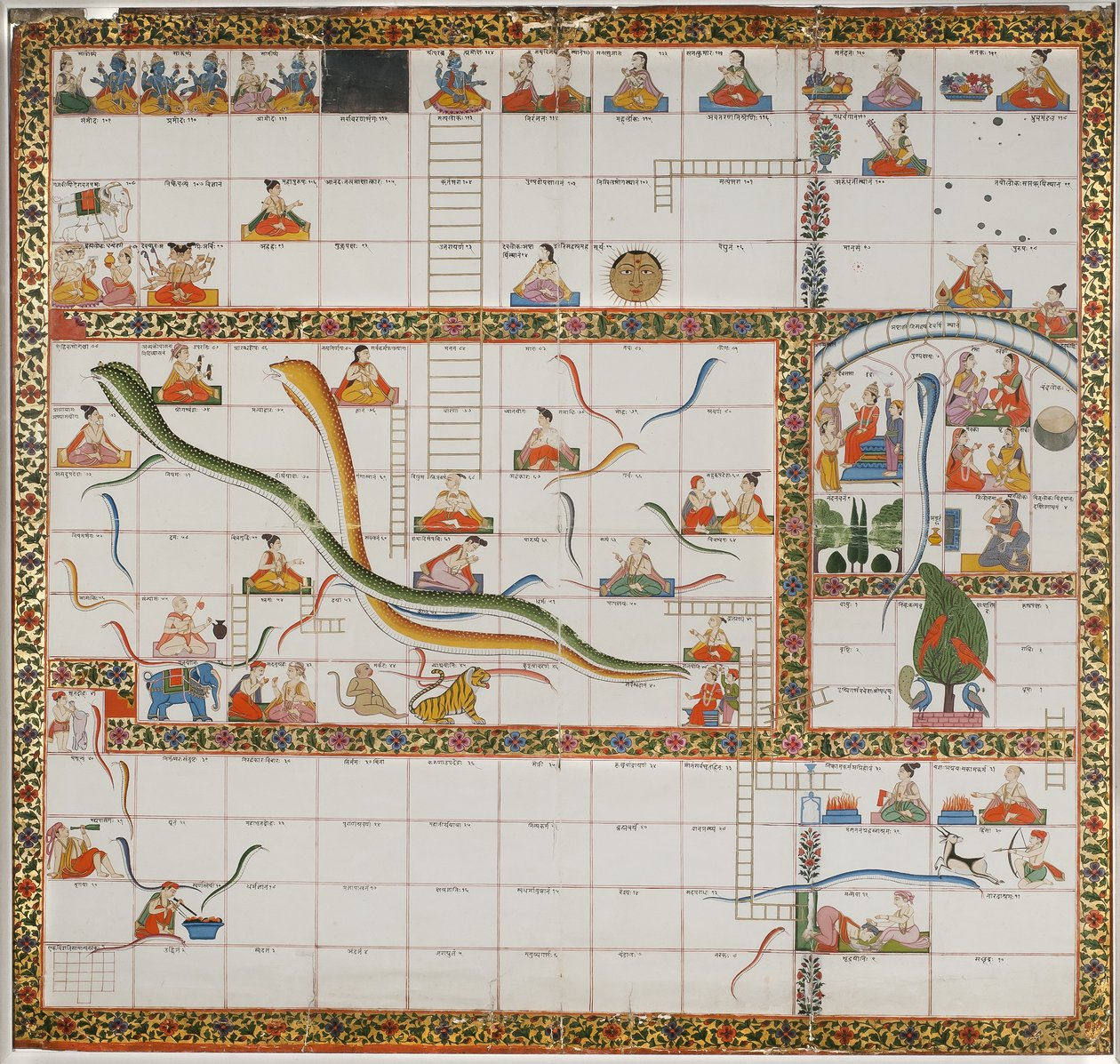 Design för spelet Snakes and Ladders, 1800 (gouache på papper monterad på tyg) av Indian School