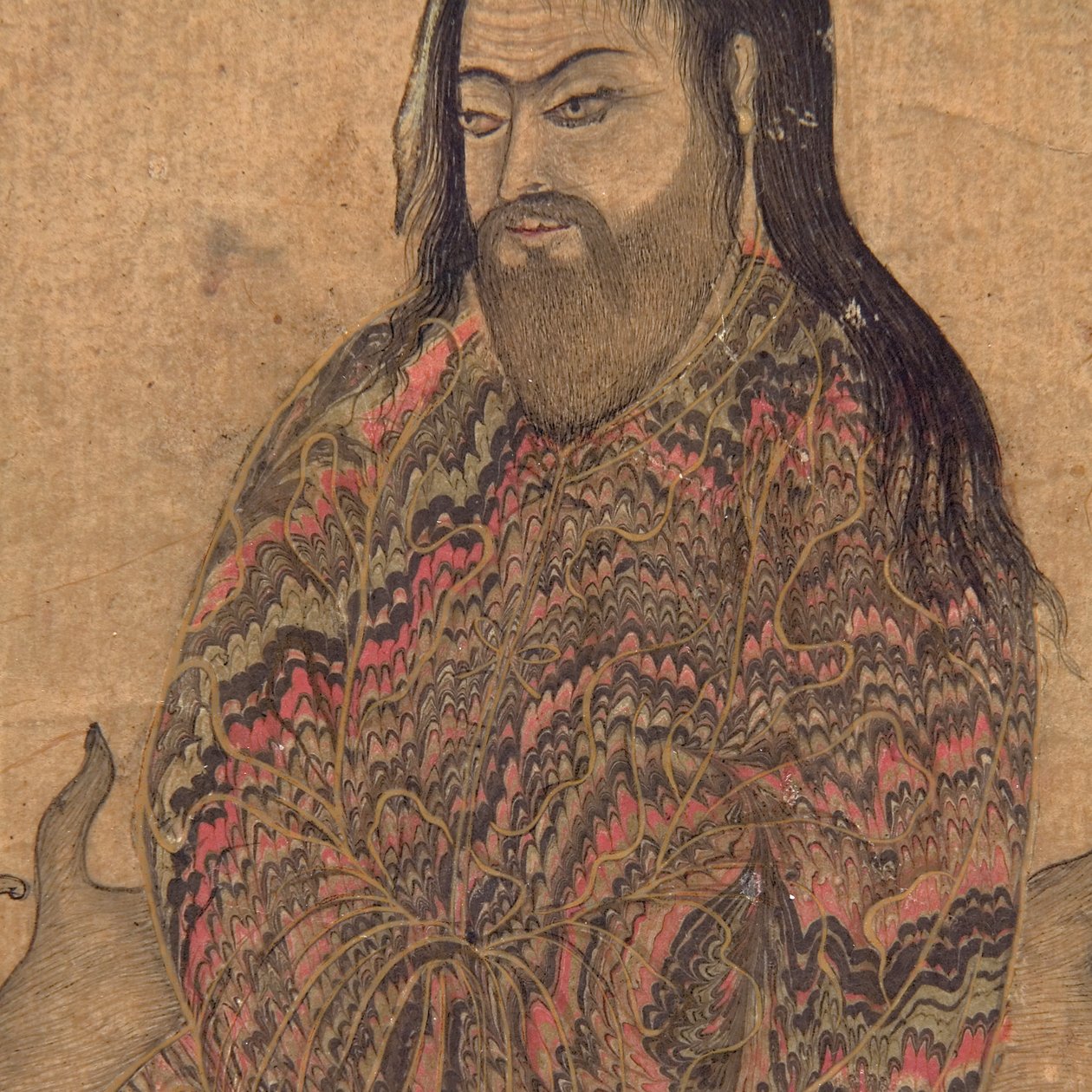 Detalj från A Dervish, Seated in Contemplation, c.1650 (ogenomskinlig wc & guld på papper) av Indian School