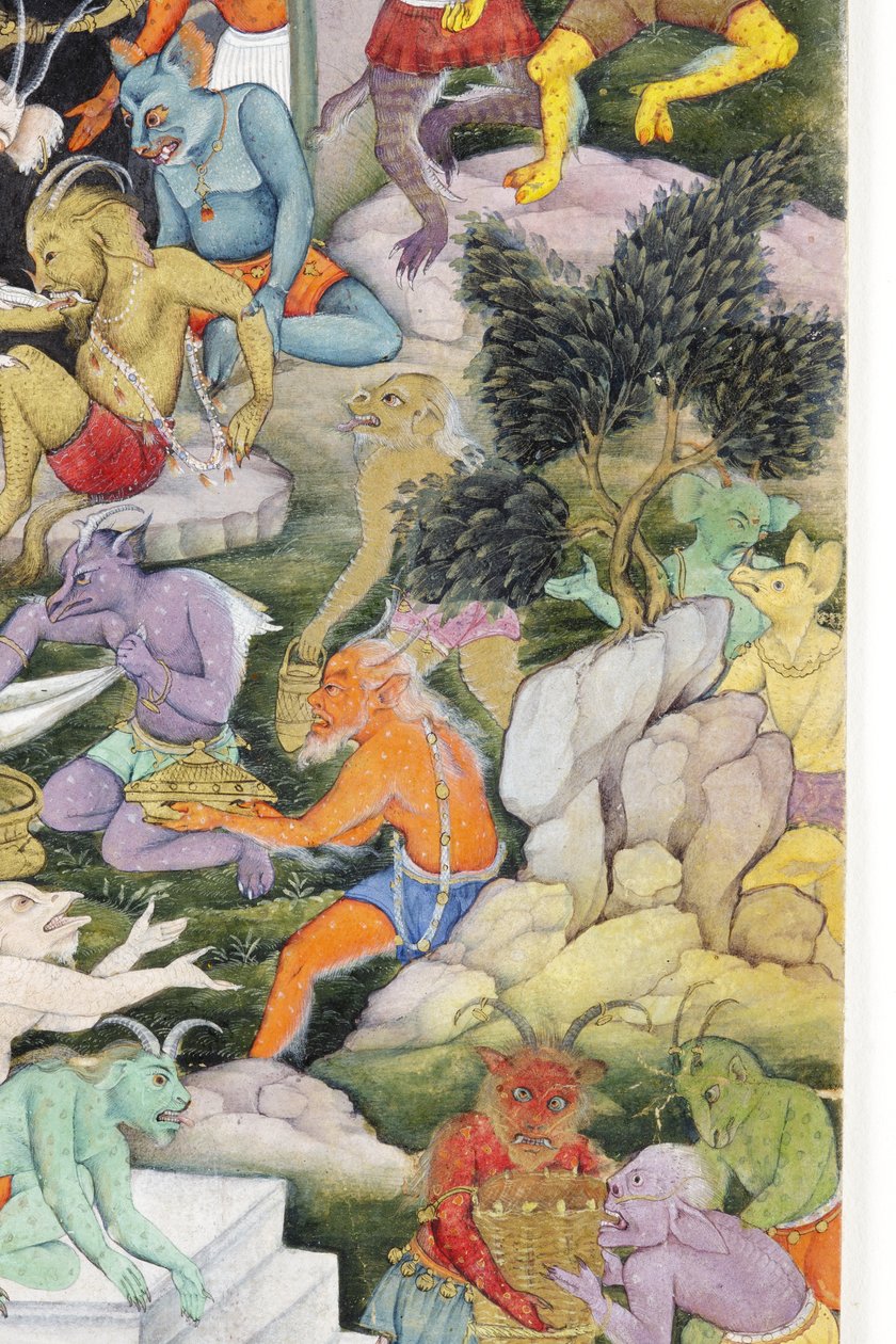 Detalj från Demons in a Wild Landscape, ca 1600 (ogenomskinlig wc & guld på papper) av Indian School