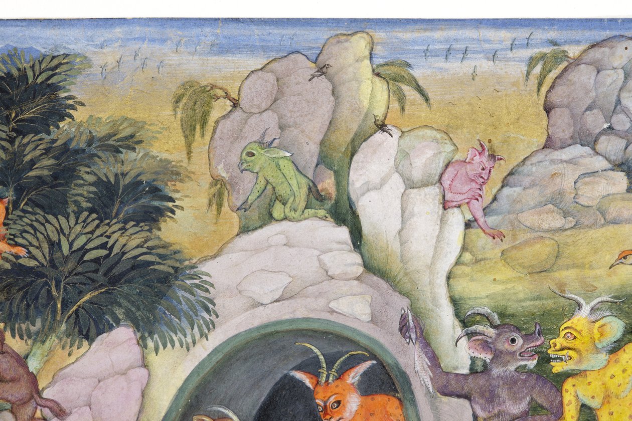Detalj från Demons in a Wild Landscape, ca 1600 (ogenomskinlig wc & guld på papper) av Indian School