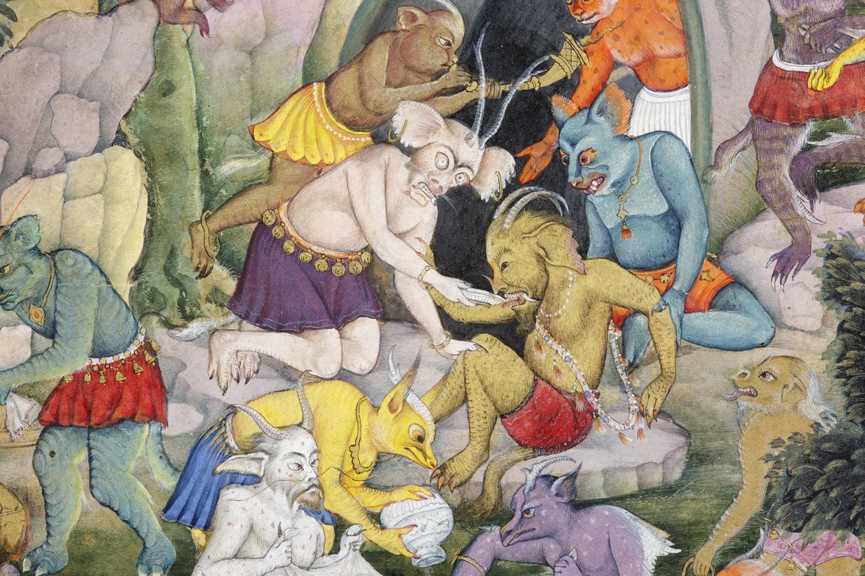 Detalj från Demons in a Wild Landscape, ca 1600 (ogenomskinlig wc & guld på papper) av Indian School