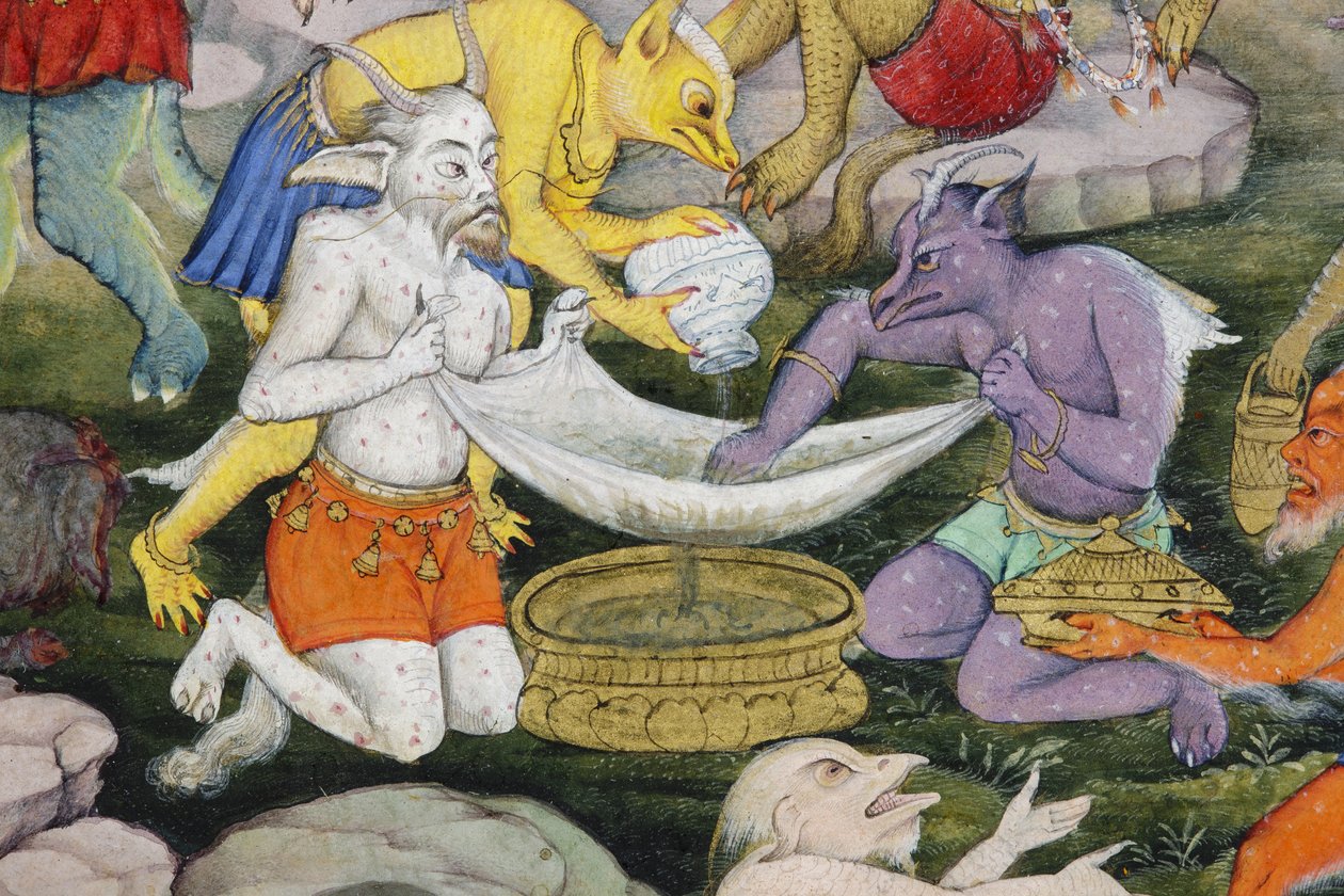 Detalj från Demons in a Wild Landscape, ca 1600 (ogenomskinlig wc & guld på papper) av Indian School