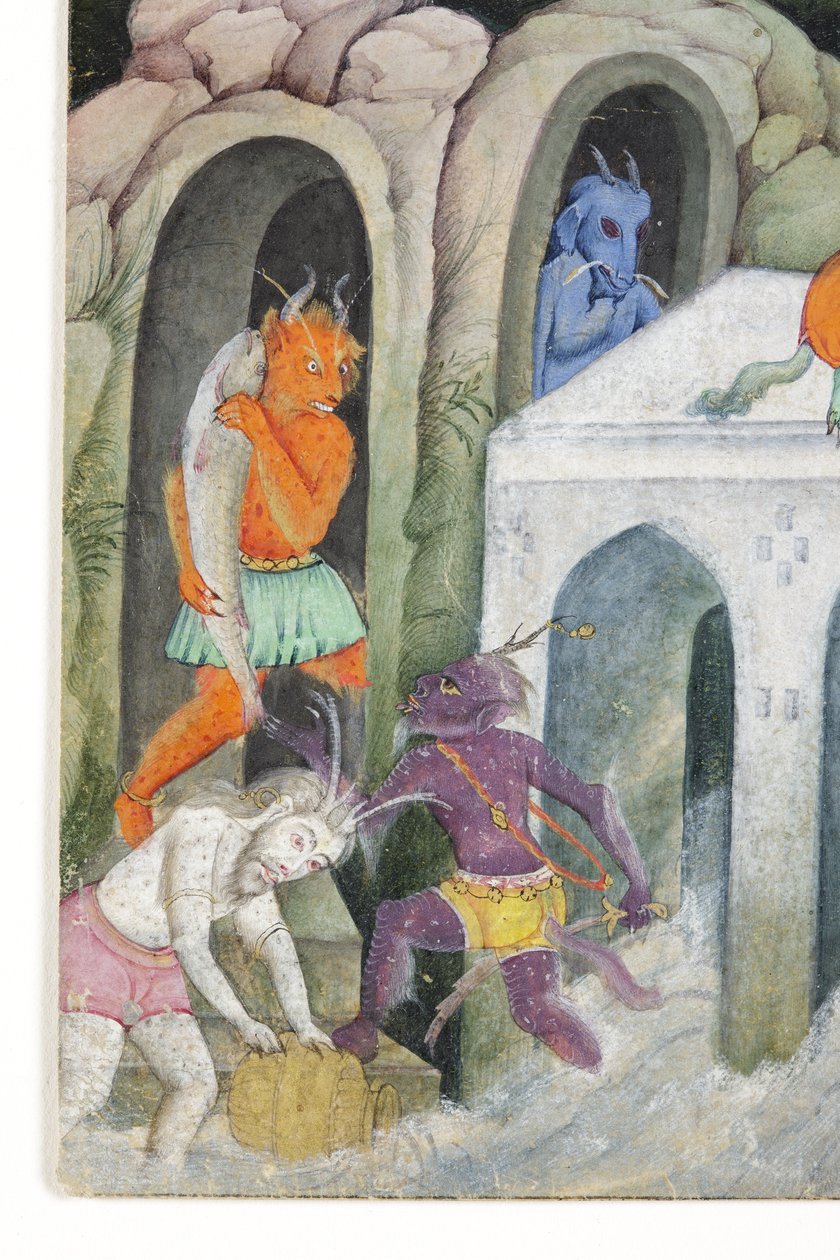 Detalj från Demons in a Wild Landscape, ca 1600 (ogenomskinlig wc & guld på papper) av Indian School
