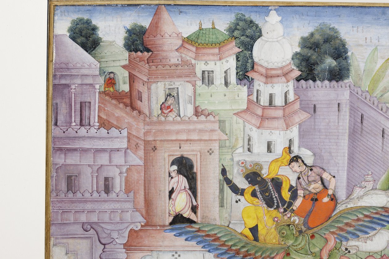 Detalj från Krishna klyver demonen Narakasura med sin diskus, ca 1585-90 (ogenomskinlig wc & guld på papper) av Indian School