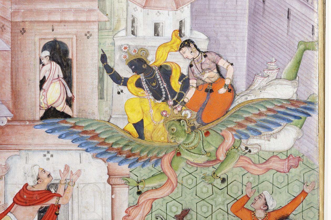 Detalj från Krishna klyver demonen Narakasura med sin diskus, ca 1585-90 (ogenomskinlig wc & guld på papper) av Indian School