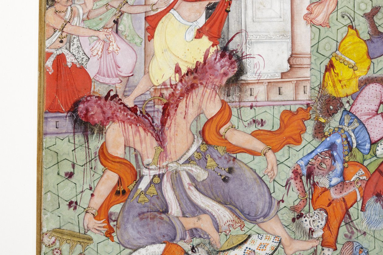 Detalj från Krishna klyver demonen Narakasura med sin diskus, ca 1585-90 (ogenomskinlig wc & guld på papper) av Indian School