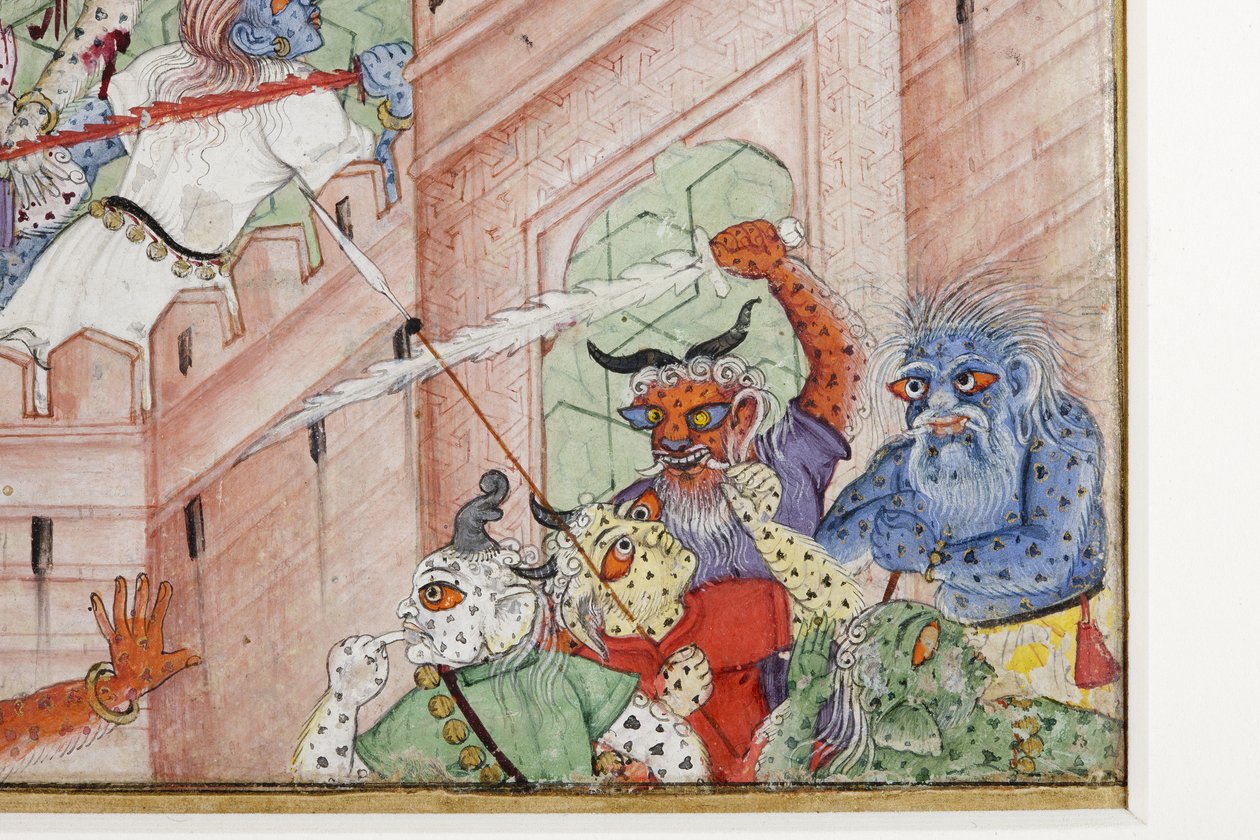 Detalj från Krishna klyver demonen Narakasura med sin diskus, ca 1585-90 (ogenomskinlig wc & guld på papper) av Indian School