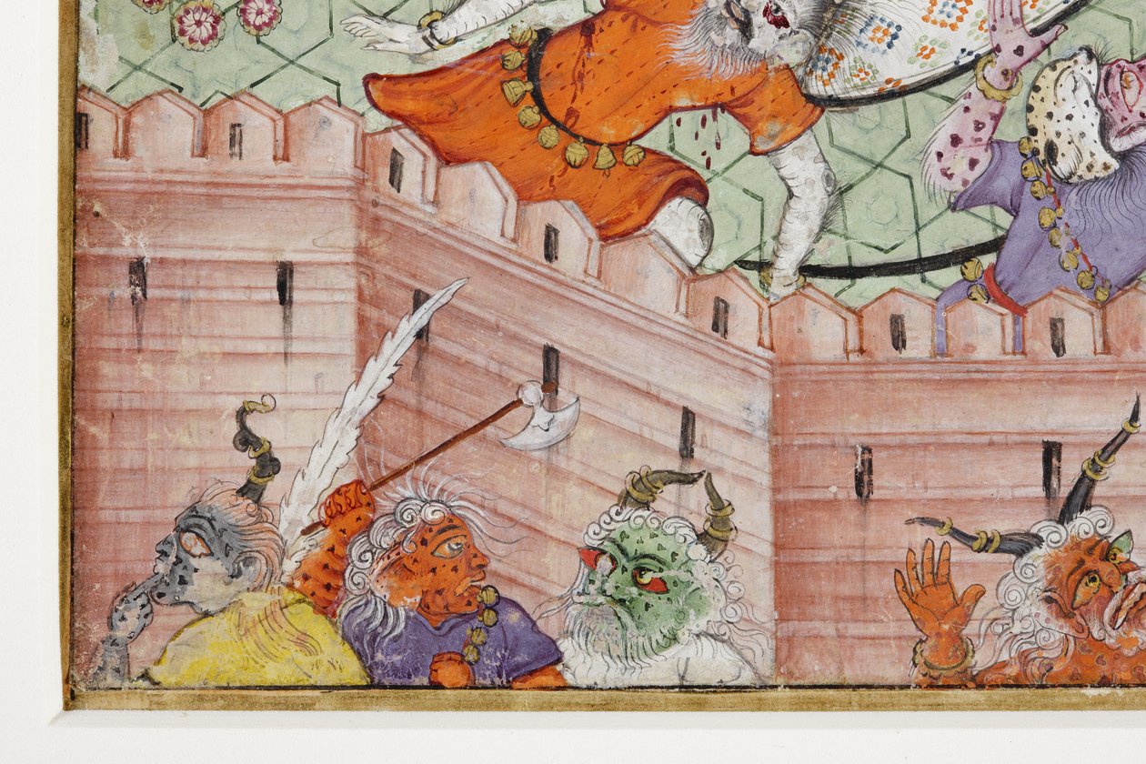 Detalj från Krishna klyver demonen Narakasura med sin diskus, ca 1585-90 (ogenomskinlig wc & guld på papper) av Indian School