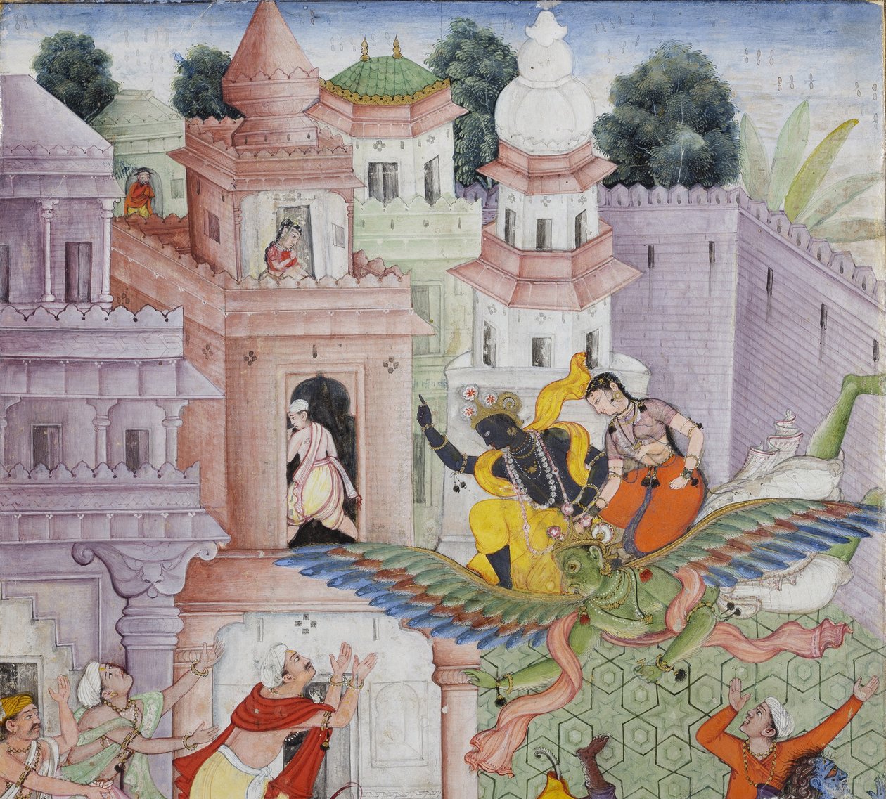 Detalj från Krishna klyver demonen Narakasura med sin diskus, ca 1585-90 (ogenomskinlig wc & guld på papper) av Indian School