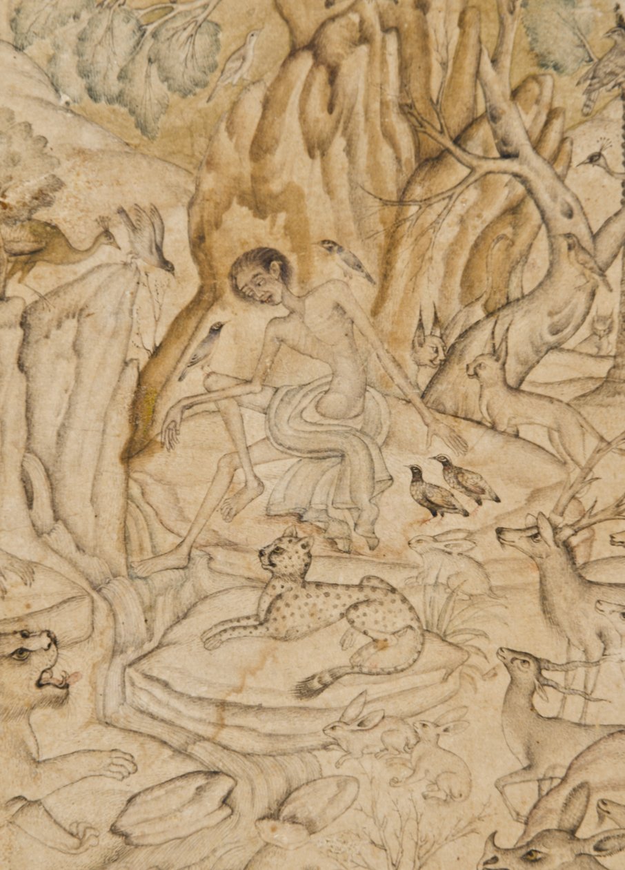 Detalj från Majnun i vildmarken, ca 1595 (ogenomskinlig wc & guld på papper) av Indian School