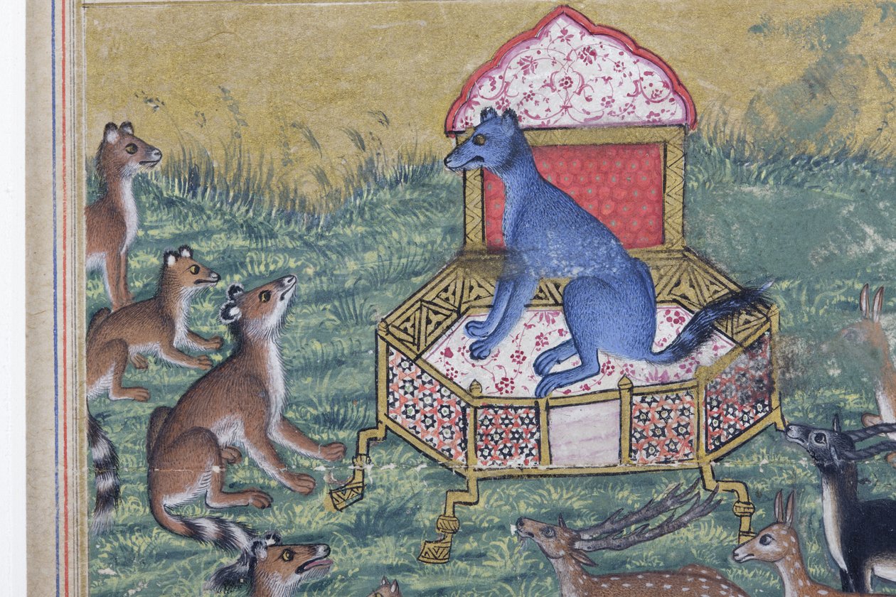 Detalj från The Jackal who Pronounced Himself King, c.1560-65 (ogenomskinlig wc & guld på papper) av Indian School