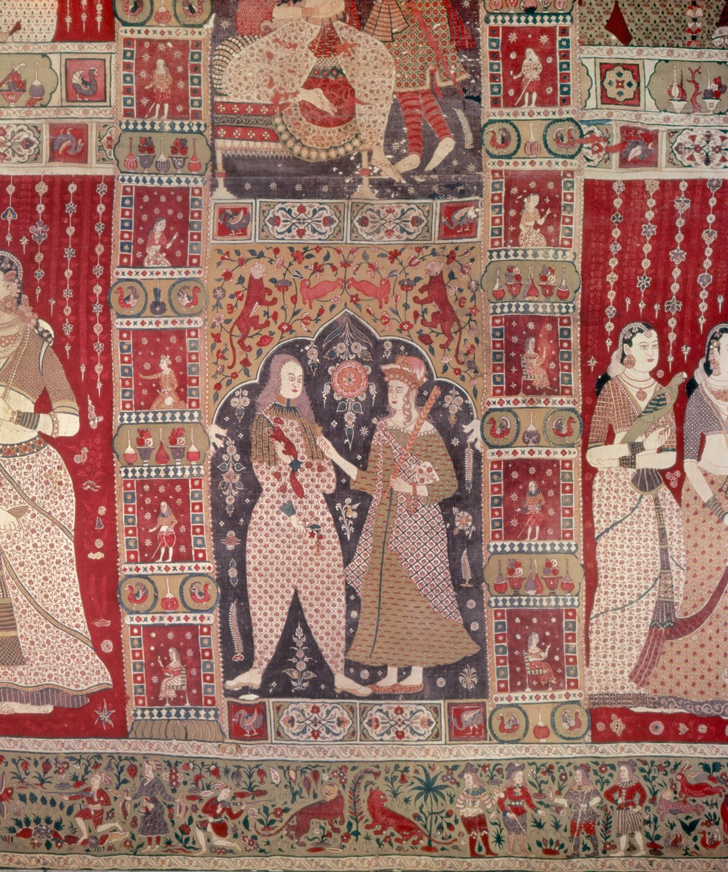 Detalj av en väggbonad dekorerad med europeiska figurer (målad bomull) av Indian School