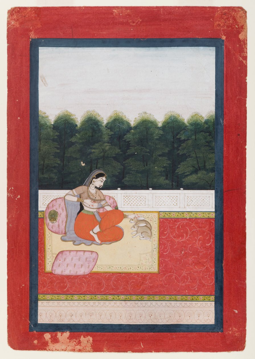 Dhanashri Ragini, sida från en Ragamala-serie, c.1790 eller tidigare (wc & guld på papper) av Indian School