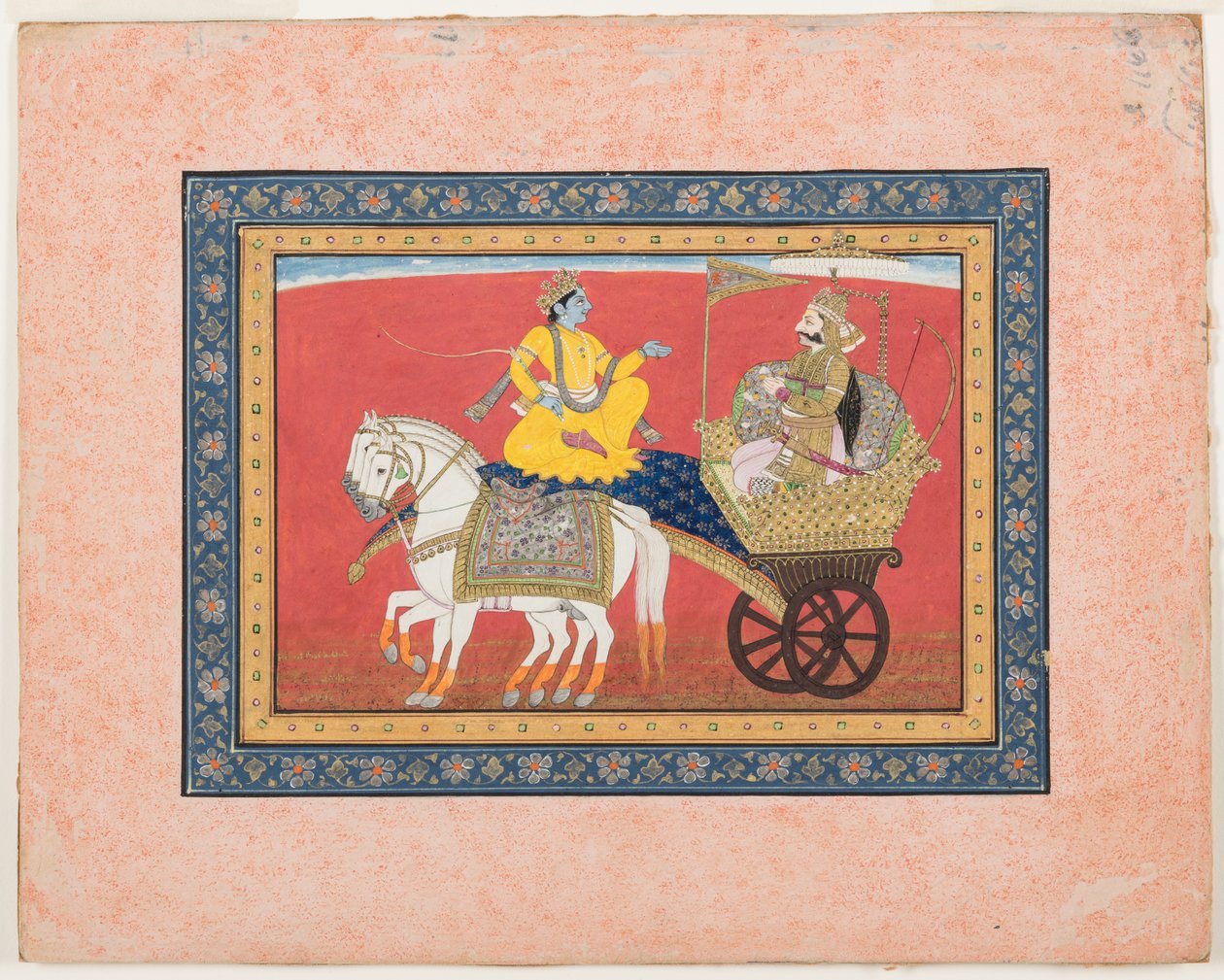 Dialog mellan Krishna och Arjuna på slagfältet i Kurukshetra, ca 1820 (ogenomskinlig akvarell och guld på papper) av Indian School
