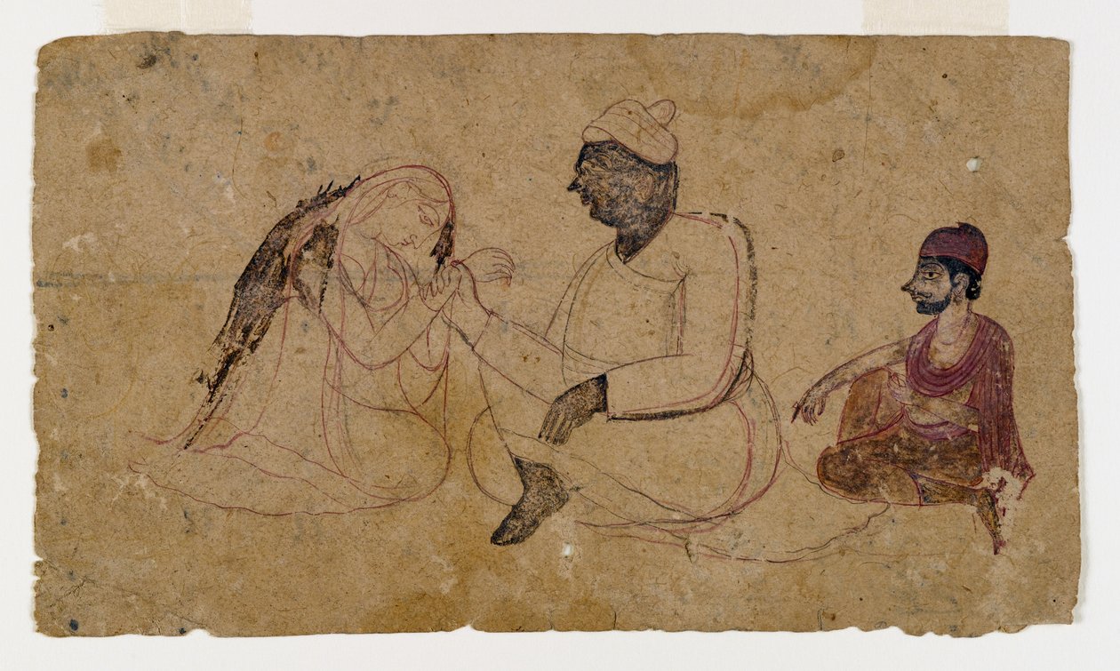 Ritning av tre sittande figurer, ca 1750 (bläck & färg på papper) av Indian School