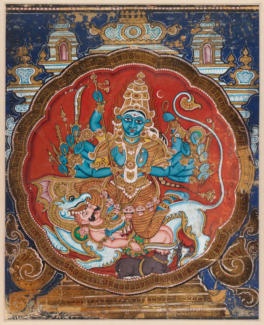 Durga Killing the Buffalo Demon (ogenomskinlig akvarell utsmyckad med applicerade guld- och lackremsor) av Indian School