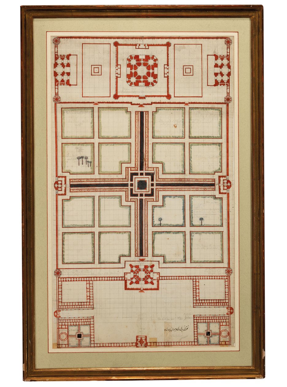 Tidig schematisk plan över trädgårdarna i Taj Mahal, Agra, norra Indien, ca 1805 av Indian School