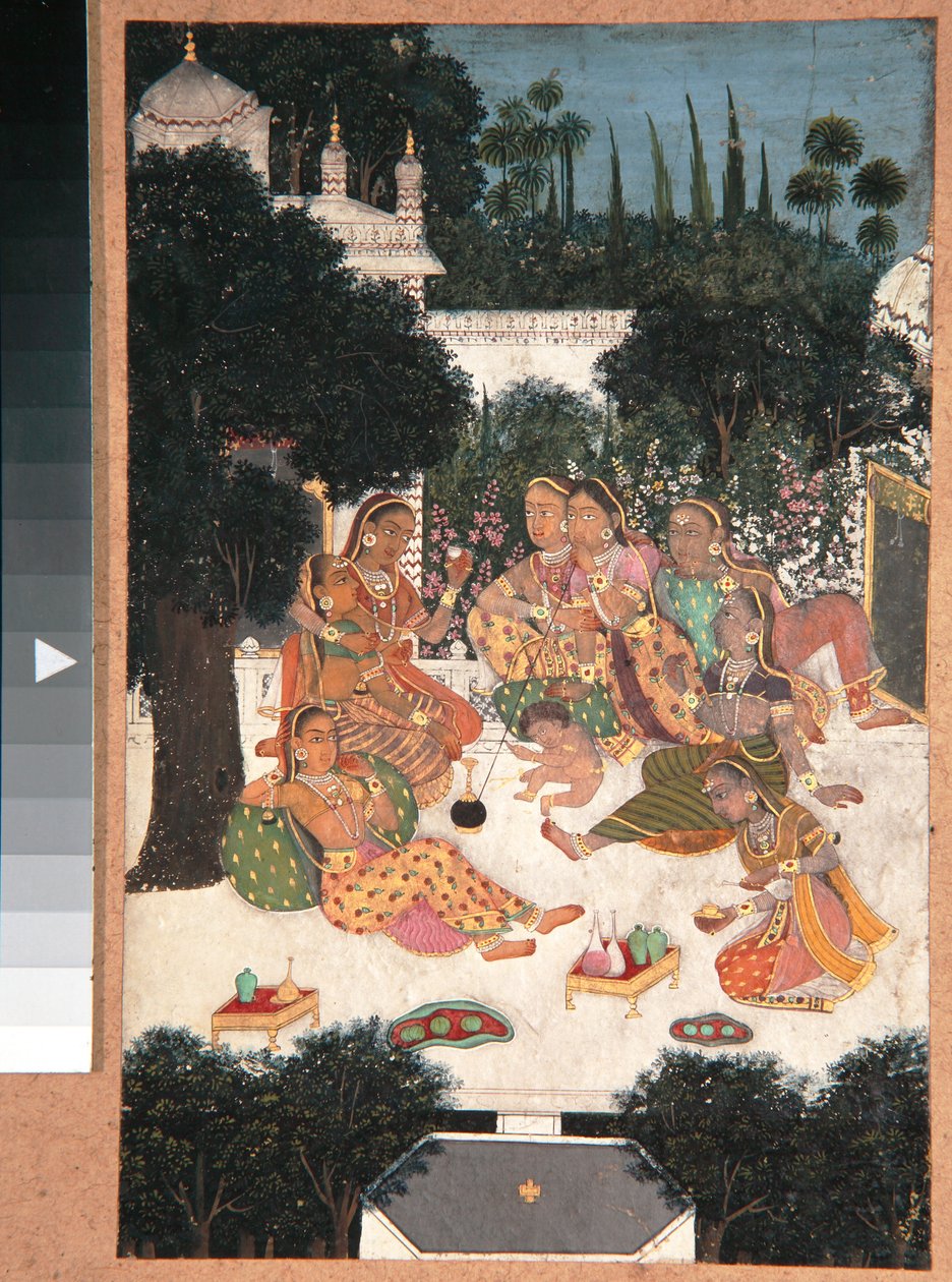 Åtta kvinnor och ett barn på en palatsterrass, ca 1760 (ogenomskinlig wc på papper) av Indian School