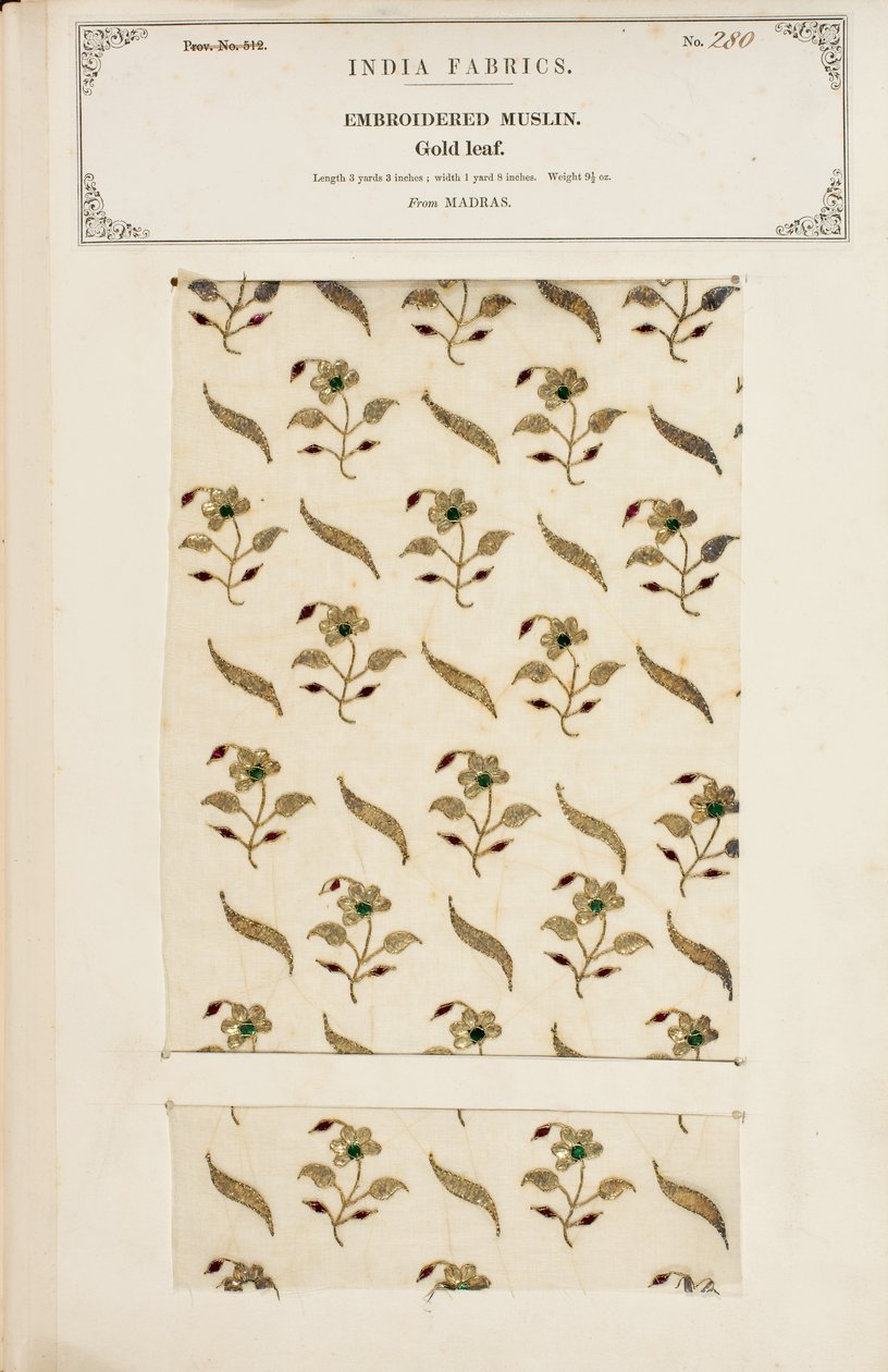 Broderat muslinprov från Madras, från The Collection of the Textile Manufacturers of India, av John Forbes Watson, publicerad 1866 av Indian School