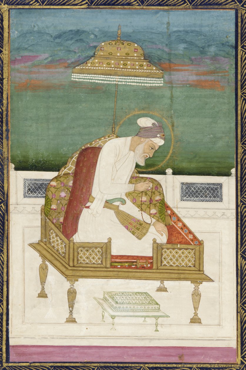 kejsar Aurangzeb; baksida: kalligrafisk panel, fristående albumfolio med målning, 1619 av Indian School