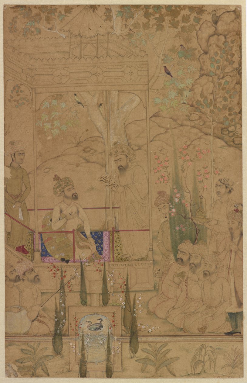Kejsar Babur med skötare i en trädgård, ca 1590 av Indian School