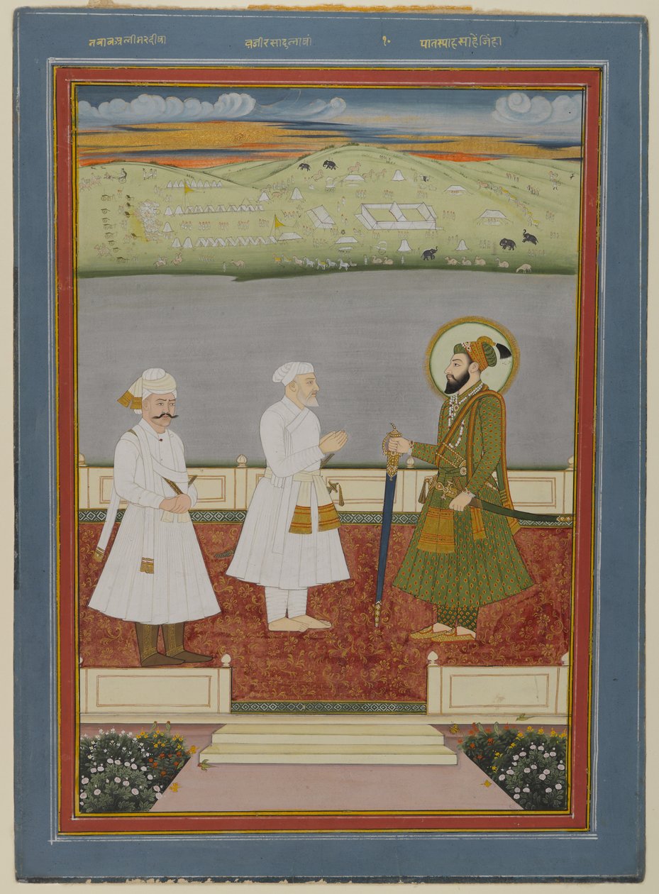 Kejsarmöte med hovmän, tidigt 1700-tal (ogenomskinlig akvarell och guld på papper) av Indian School