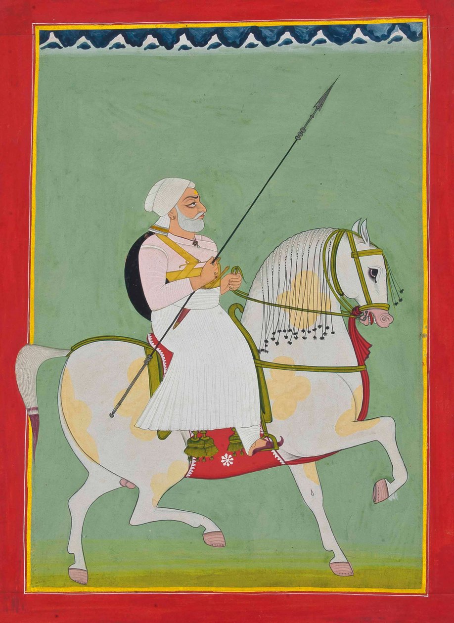 Ridsporträtt av Durgadas Rathore, ca 1800 av Indian School