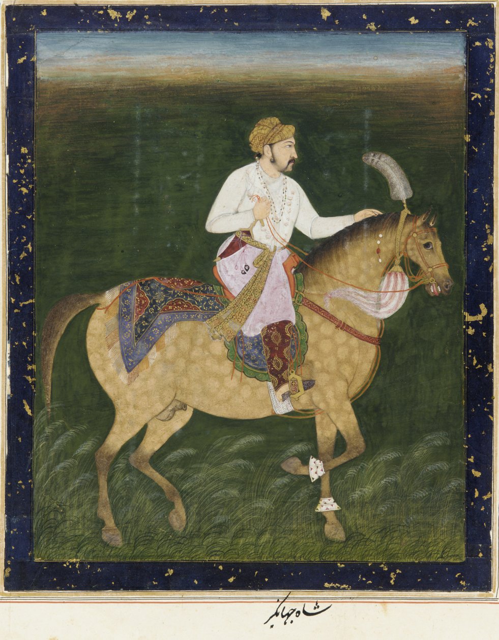 Ryttarporträtt av Jahangir, fristående albumfolio med målning, ca 1900 av Indian School
