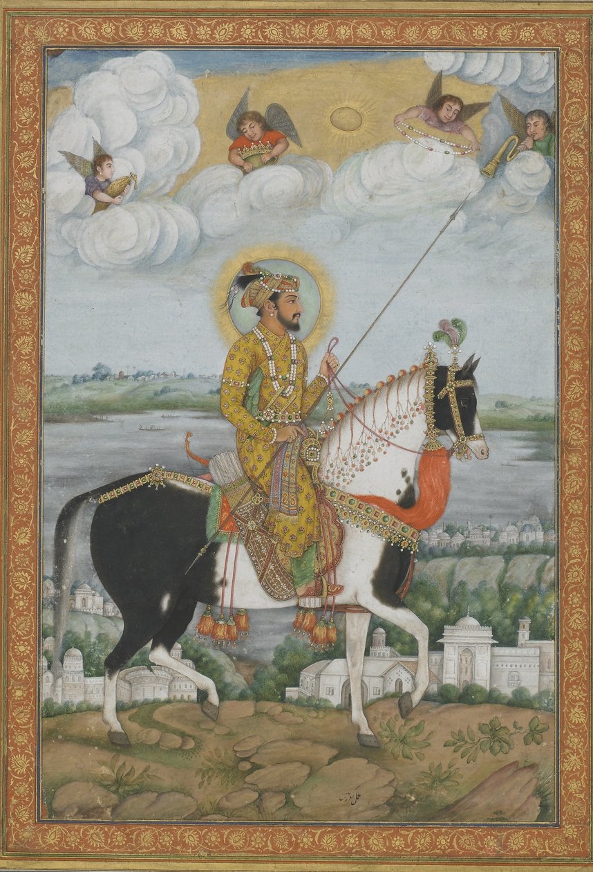 Ridsporträtt av kejsaren Shah Jahan från Kevorkian Album (ogenomskinlig akvarell och guld på papper) av Indian School
