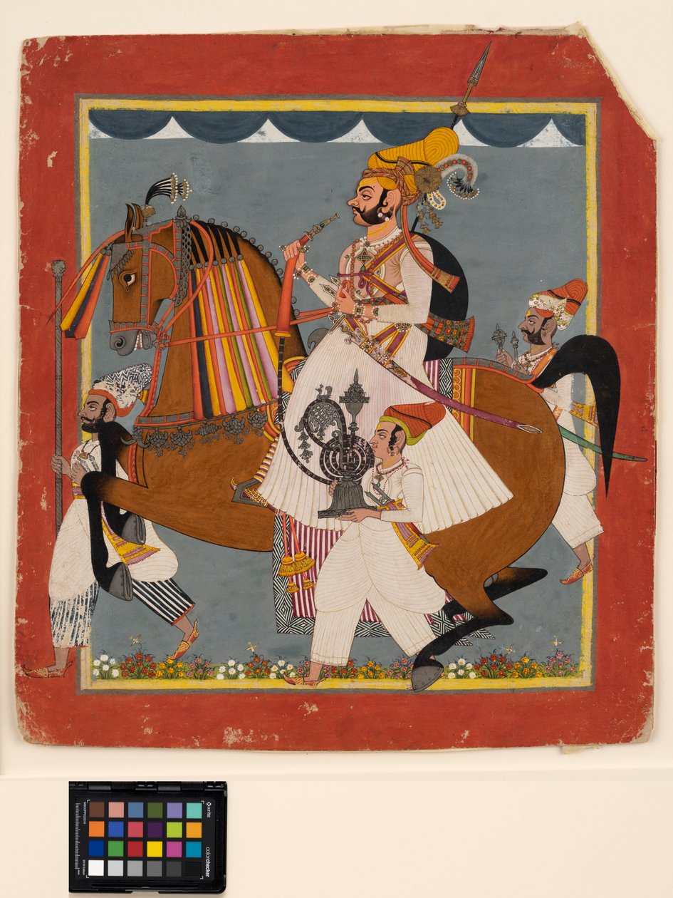 Ryttaren Raja Bhim Singh med vattenpipa och tjänare, ca 1820 (ogenomskinlig w/c, guld och silver på papper) av Indian School