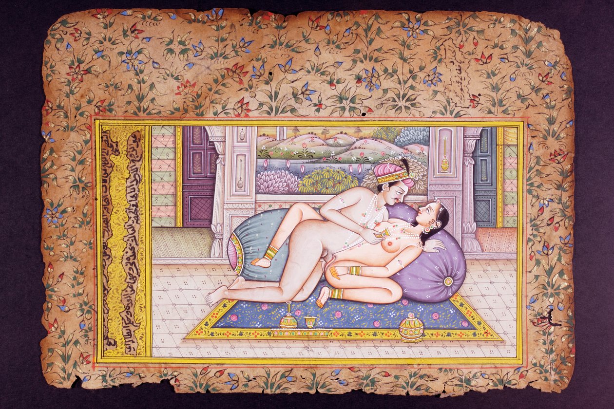 Erotisk scen i en lyxig boudoir, Rajasthani-miniatyrmålning av Indian School