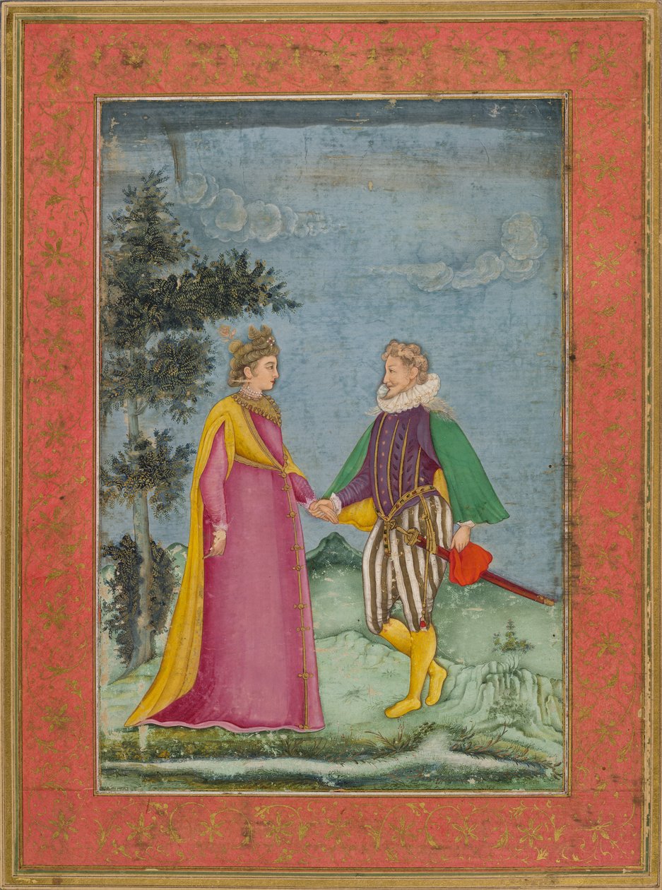 Europeisk gentleman och dam, klädd i elisabethansk kostym, illustration från 