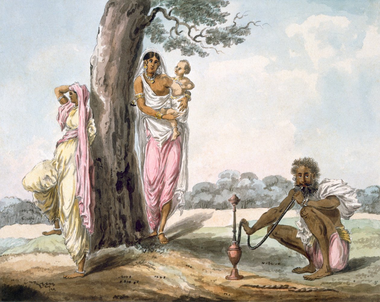 Familj: Man röker vattenpipa och flicka gör yoga, ca 1850 (wc på papper) av Indian School