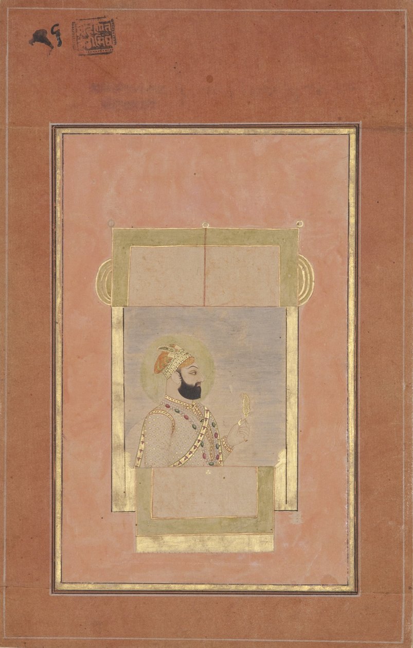 Farrukh Siyyar sittande vid ett fönster, med en guldsarpech, ca 1715 (ogenomskinlig wc & guld på papper) av Indian School