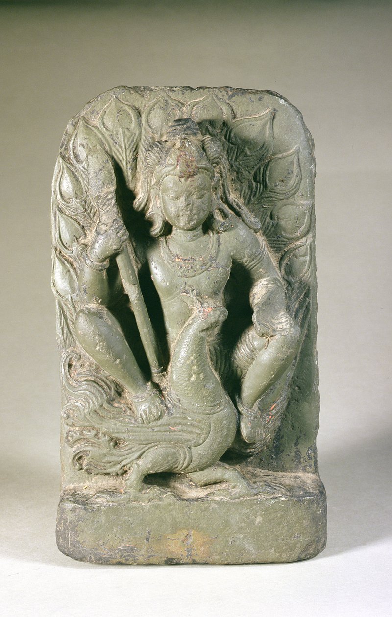 Figur av Skanda med sin påfågel, Punjab Hills (sandsten) av Indian School